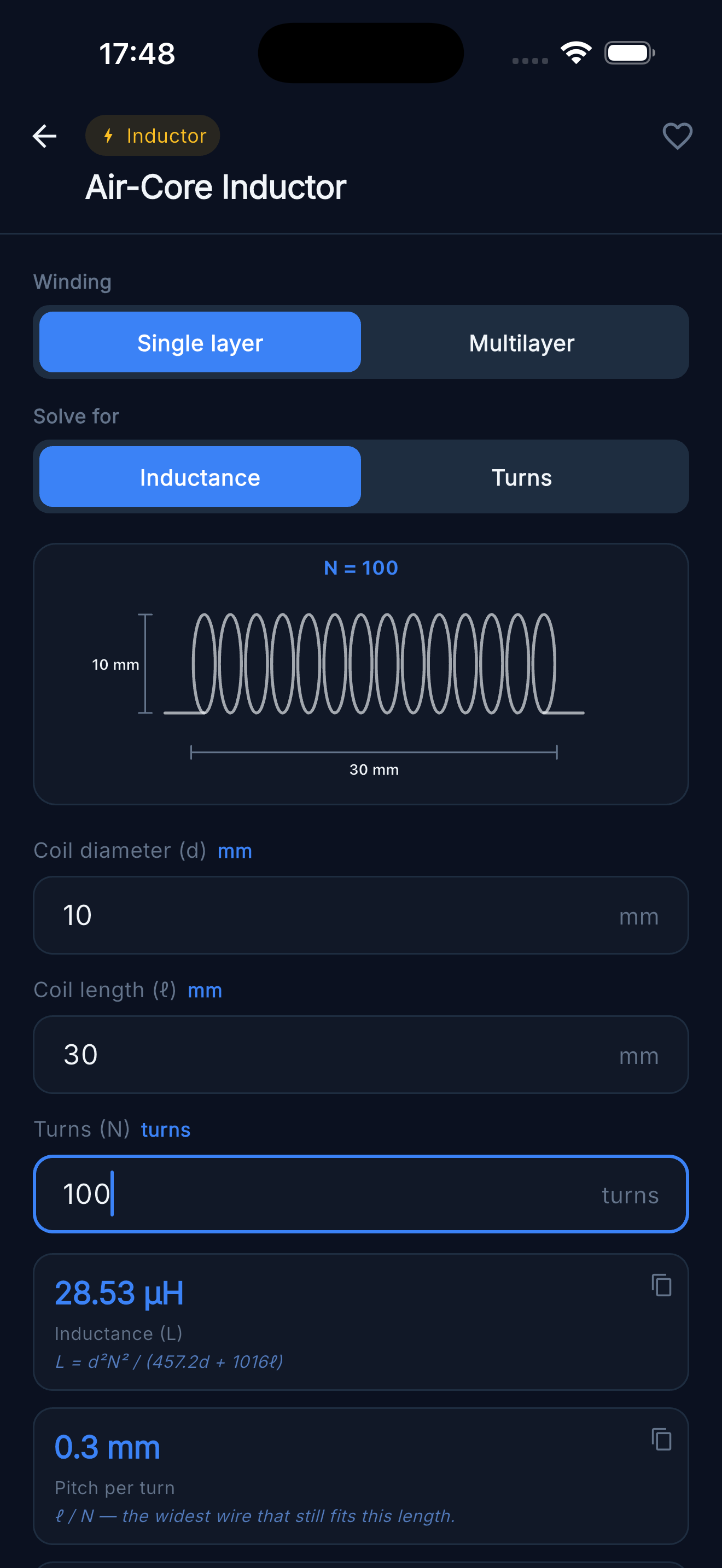 Air-Core Coil Designer — Single-layer winding