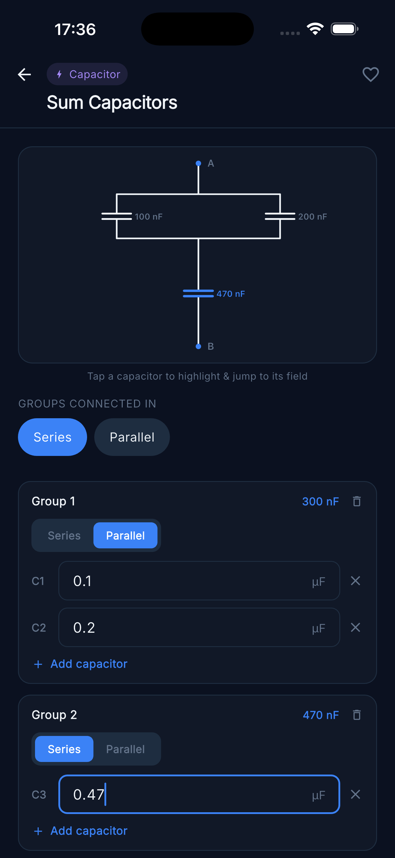 Sum Capacitors — Groups combined in series