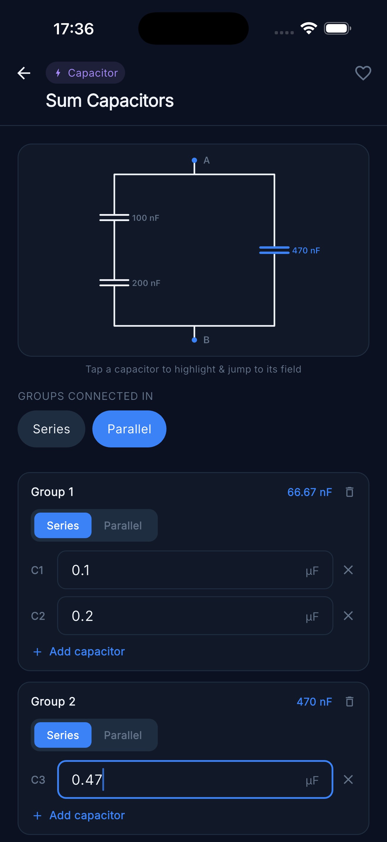 Sum Capacitors — Groups combined in parallel