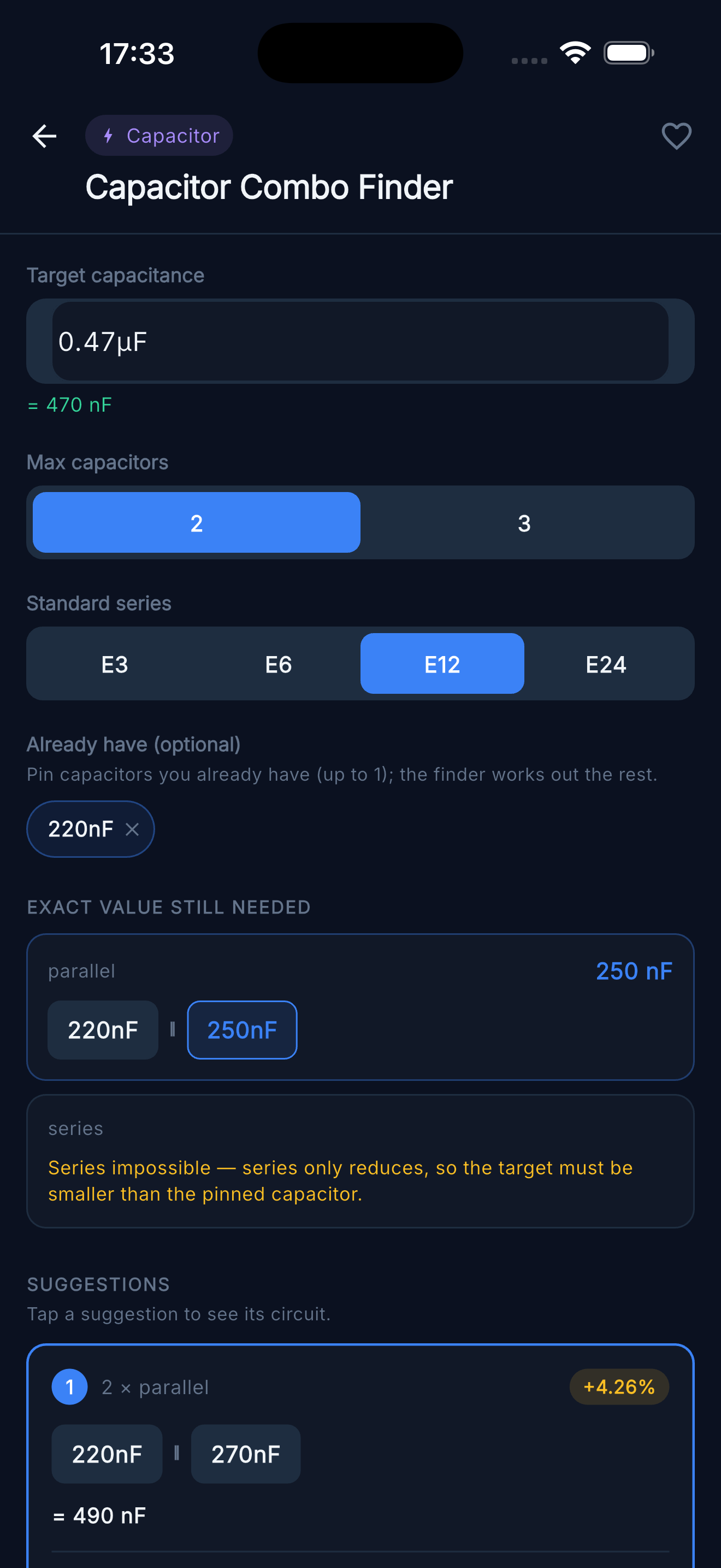Capacitor Combo Finder — Pinning a capacitor you already have