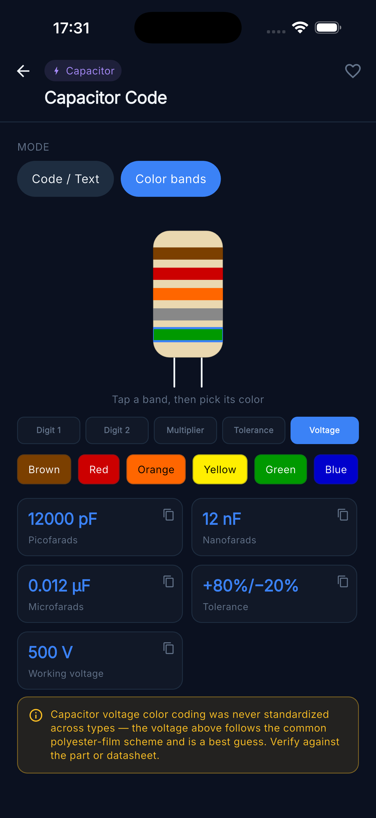Capacitor Code — Color bands mode