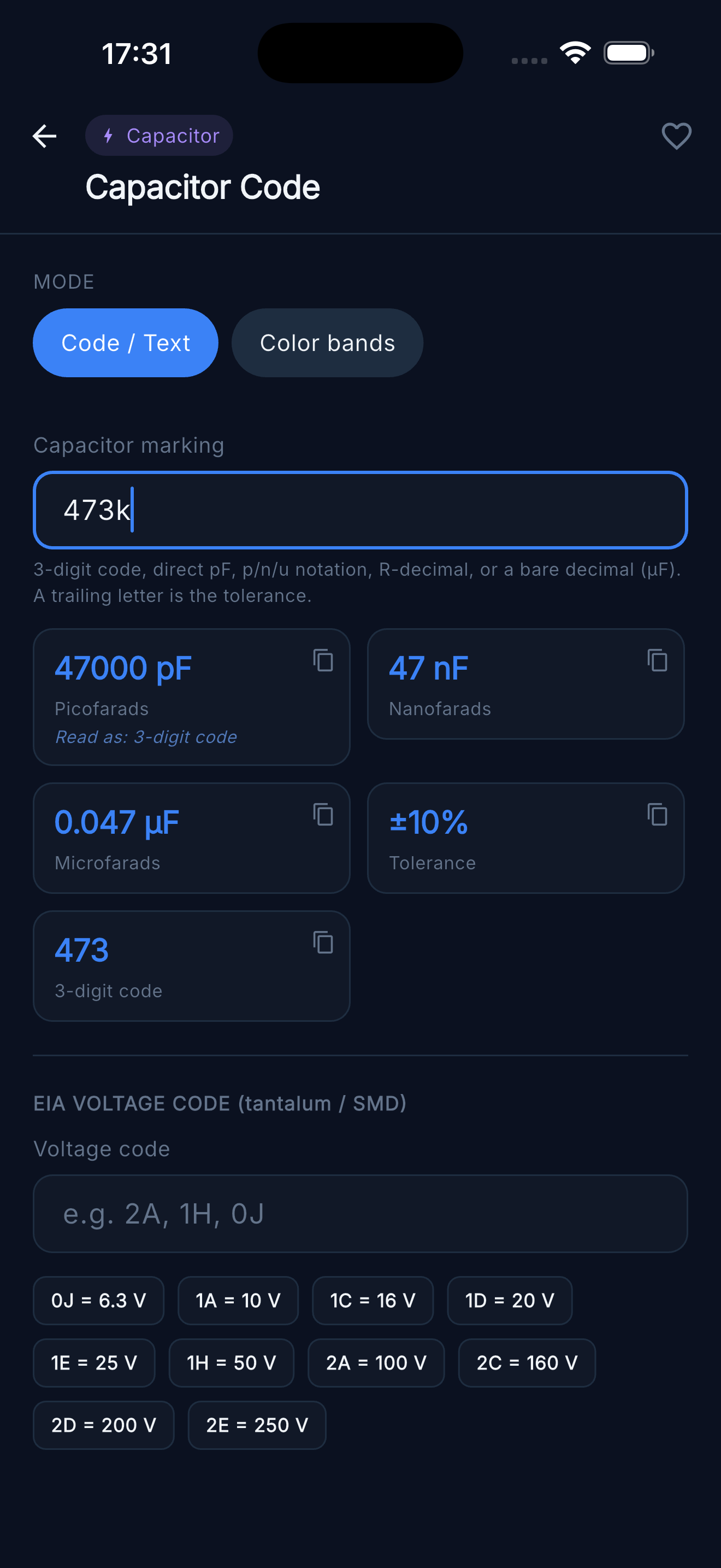 Capacitor Code — Code/Text mode with EIA voltage table