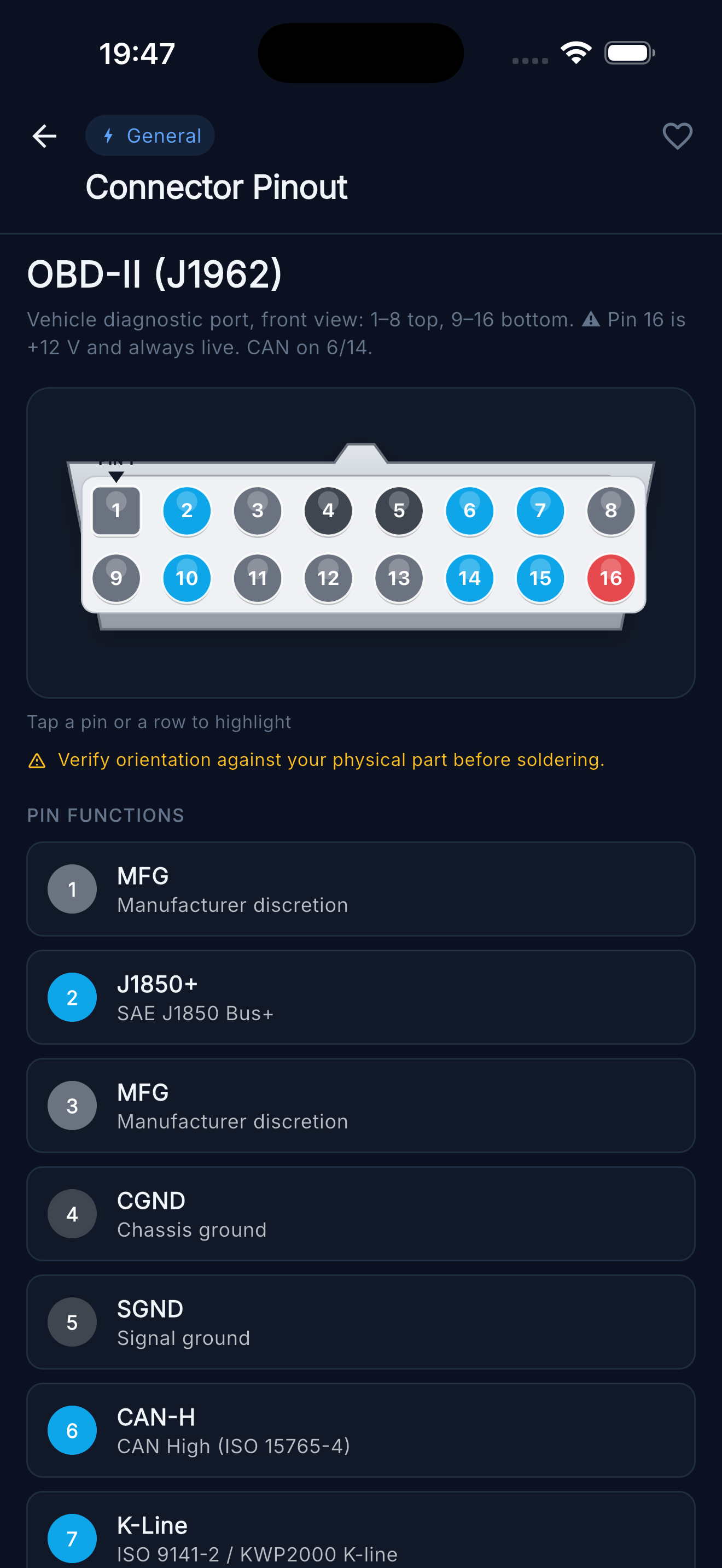 Connector Pinout — OBD-II (J1962) diagnostic port