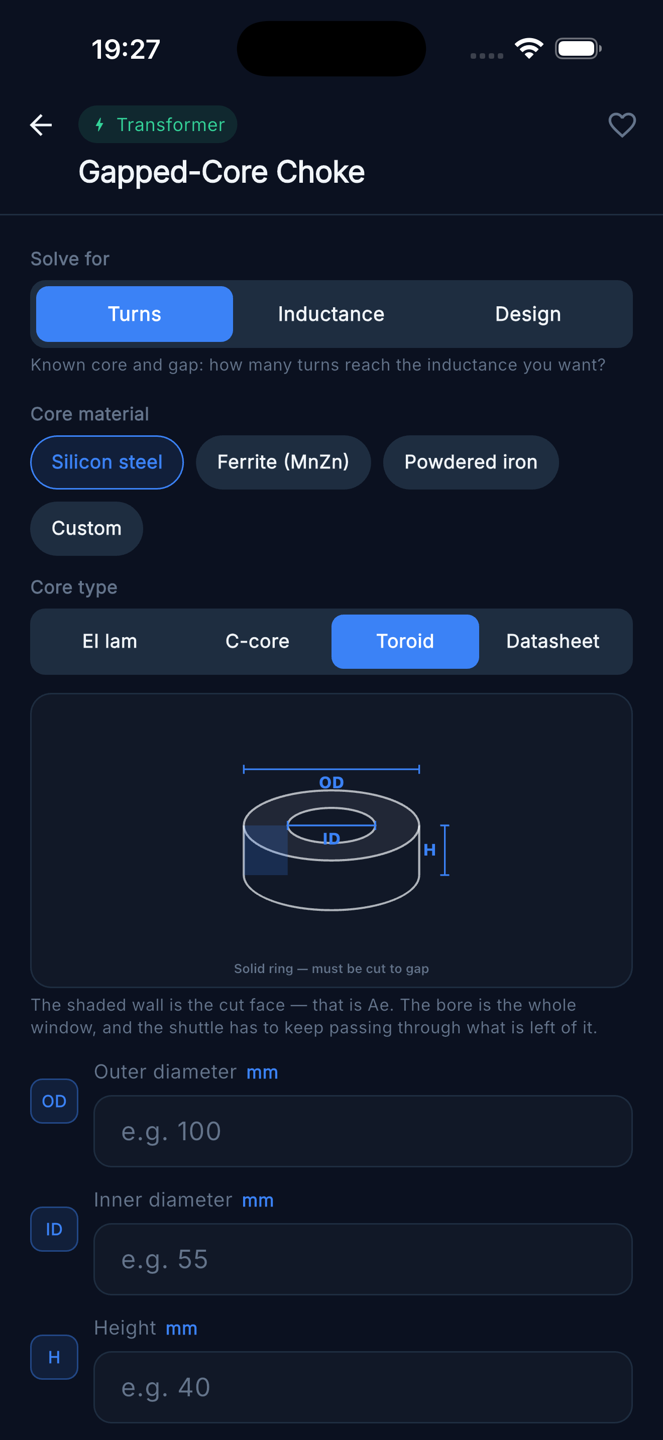Gapped-Core Choke Designer — Toroid core with air gap
