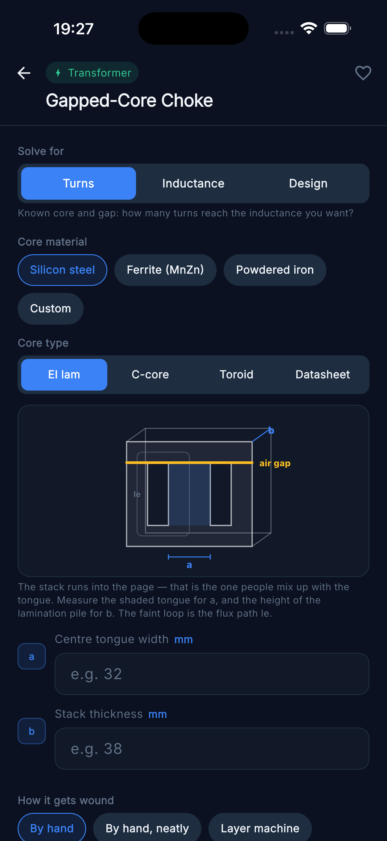 Gapped-Core Choke Designer — EI lamination core with air gap