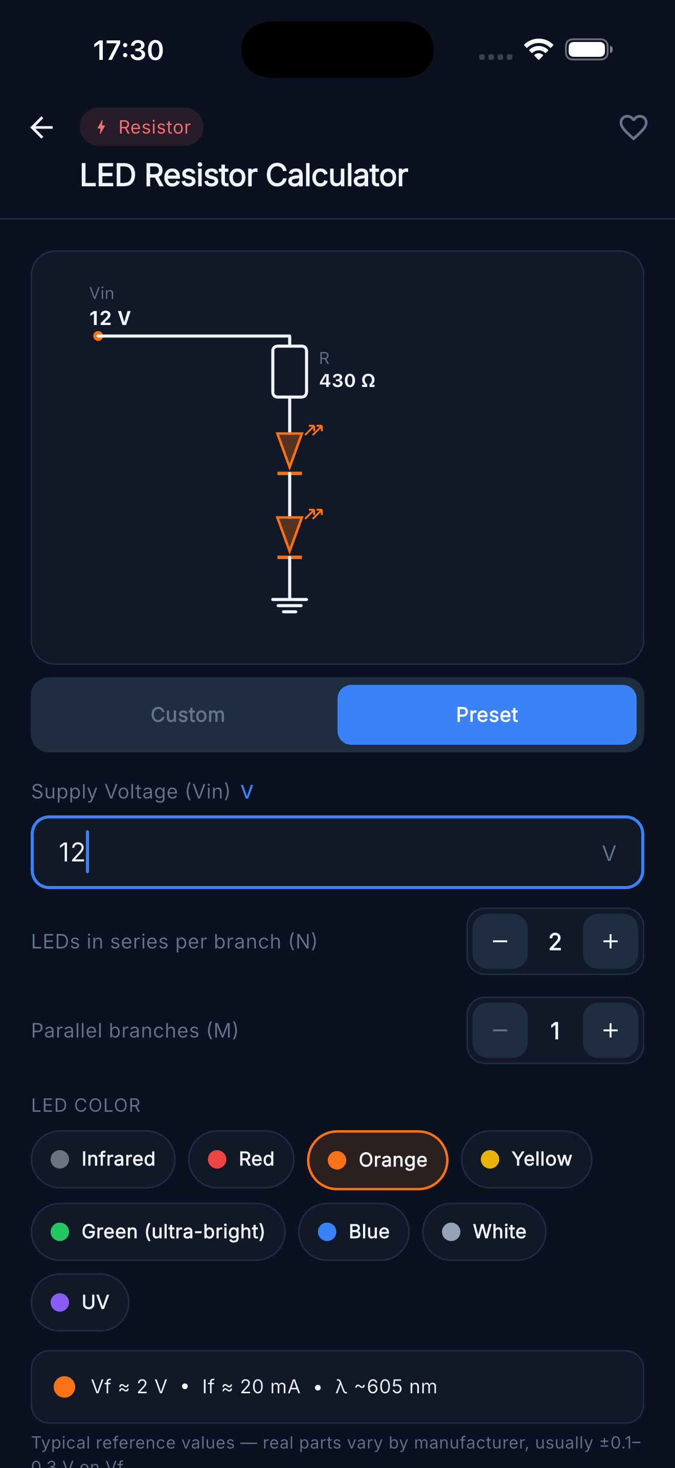 LED Resistor Calculator — Preset LED colour with series and parallel branches