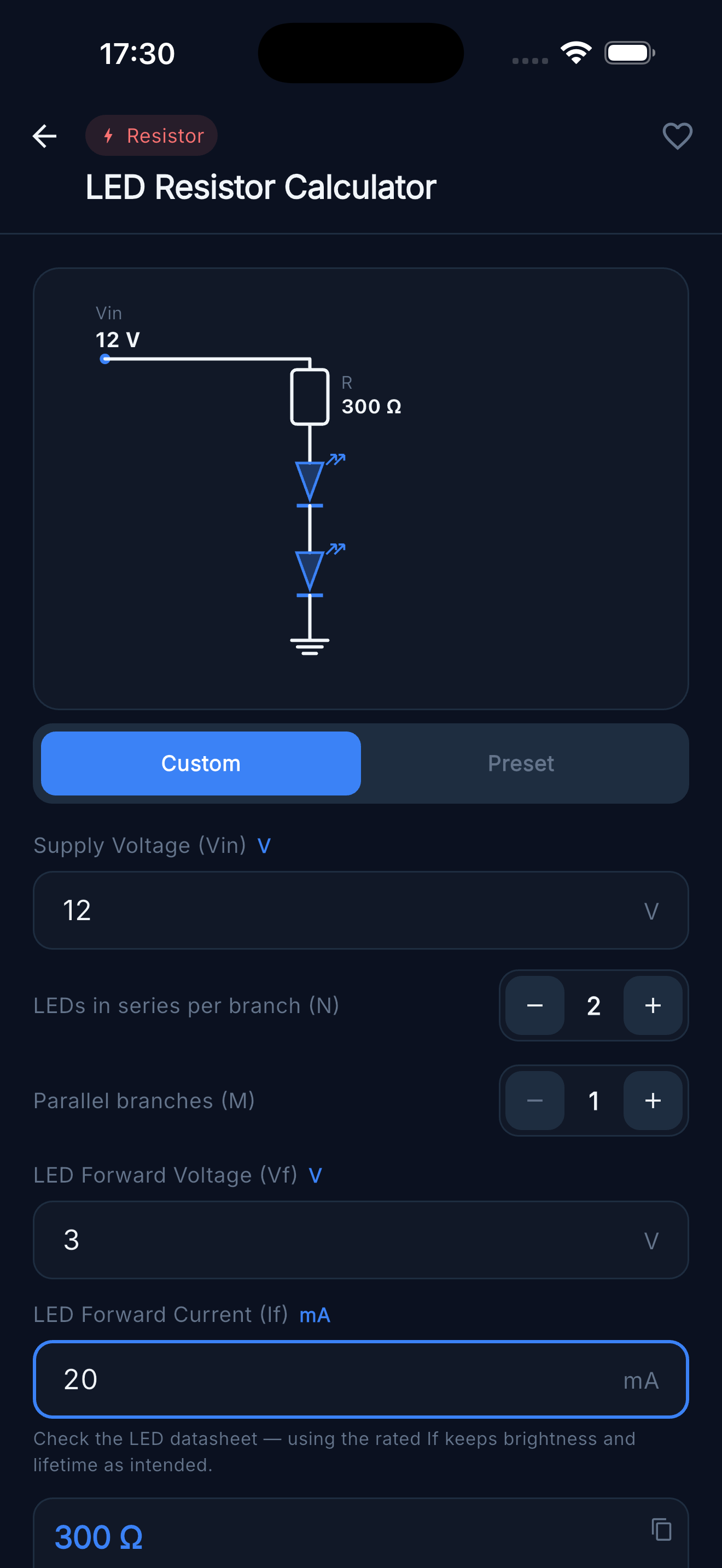 LED Resistor Calculator — Custom forward voltage and current