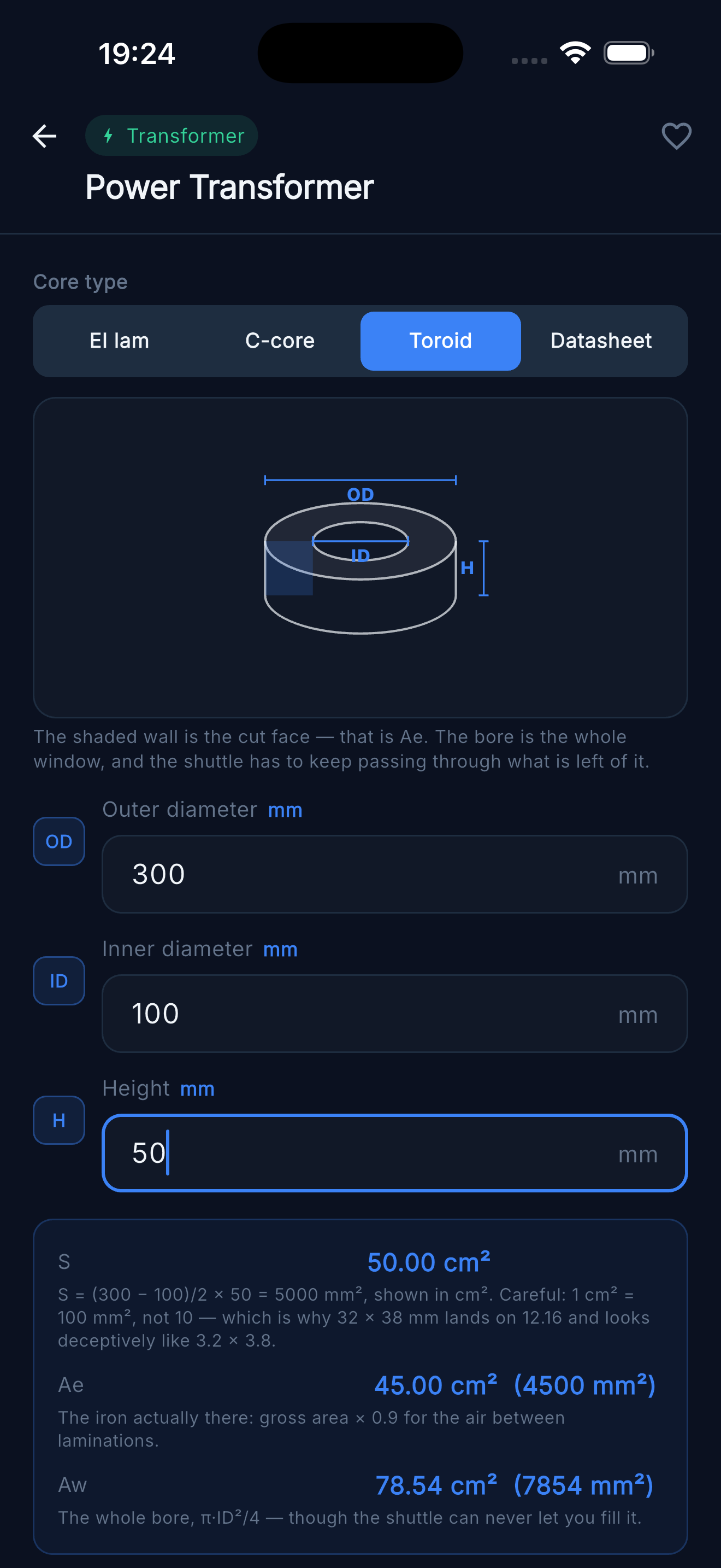Power Transformer Designer — Toroid core geometry