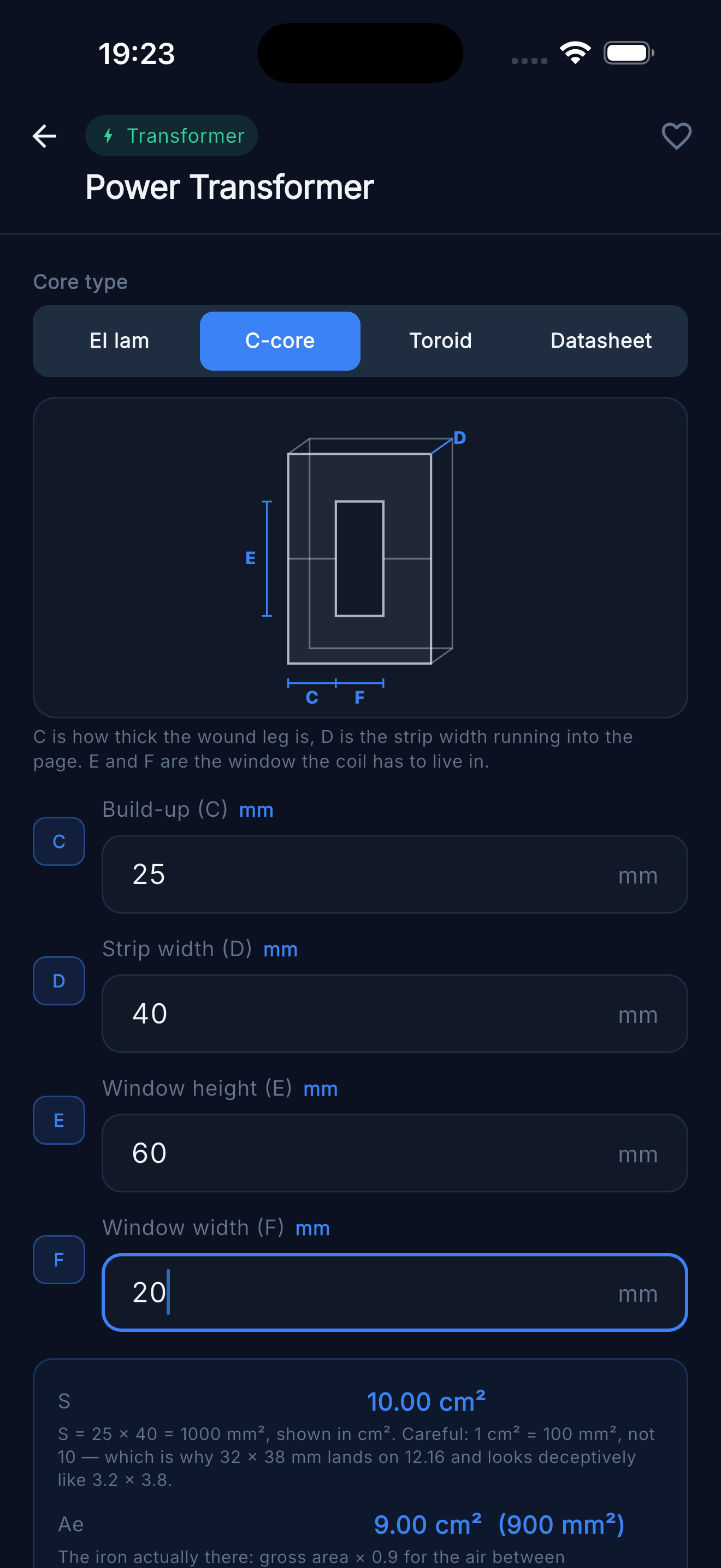 Power Transformer Designer — C-core geometry