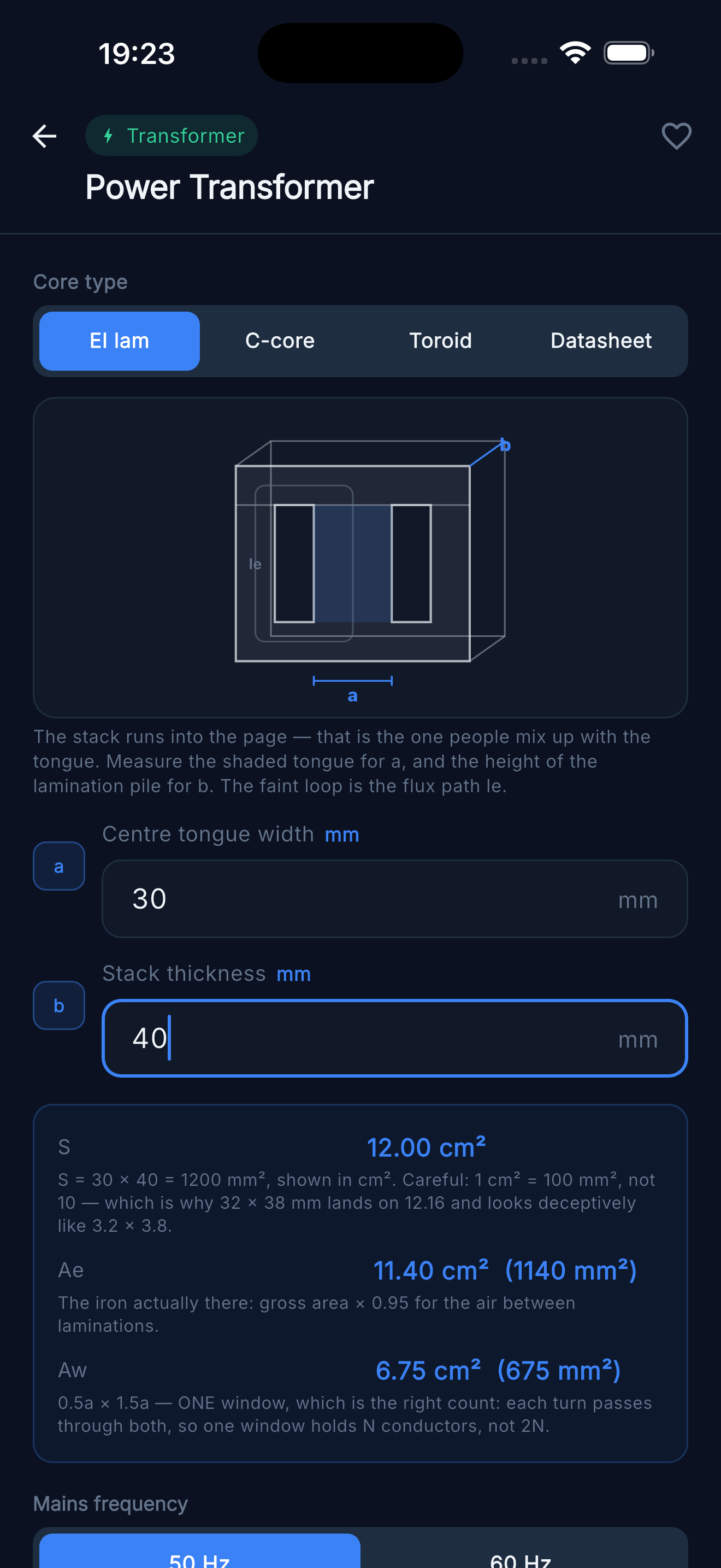Power Transformer Designer — EI lamination geometry