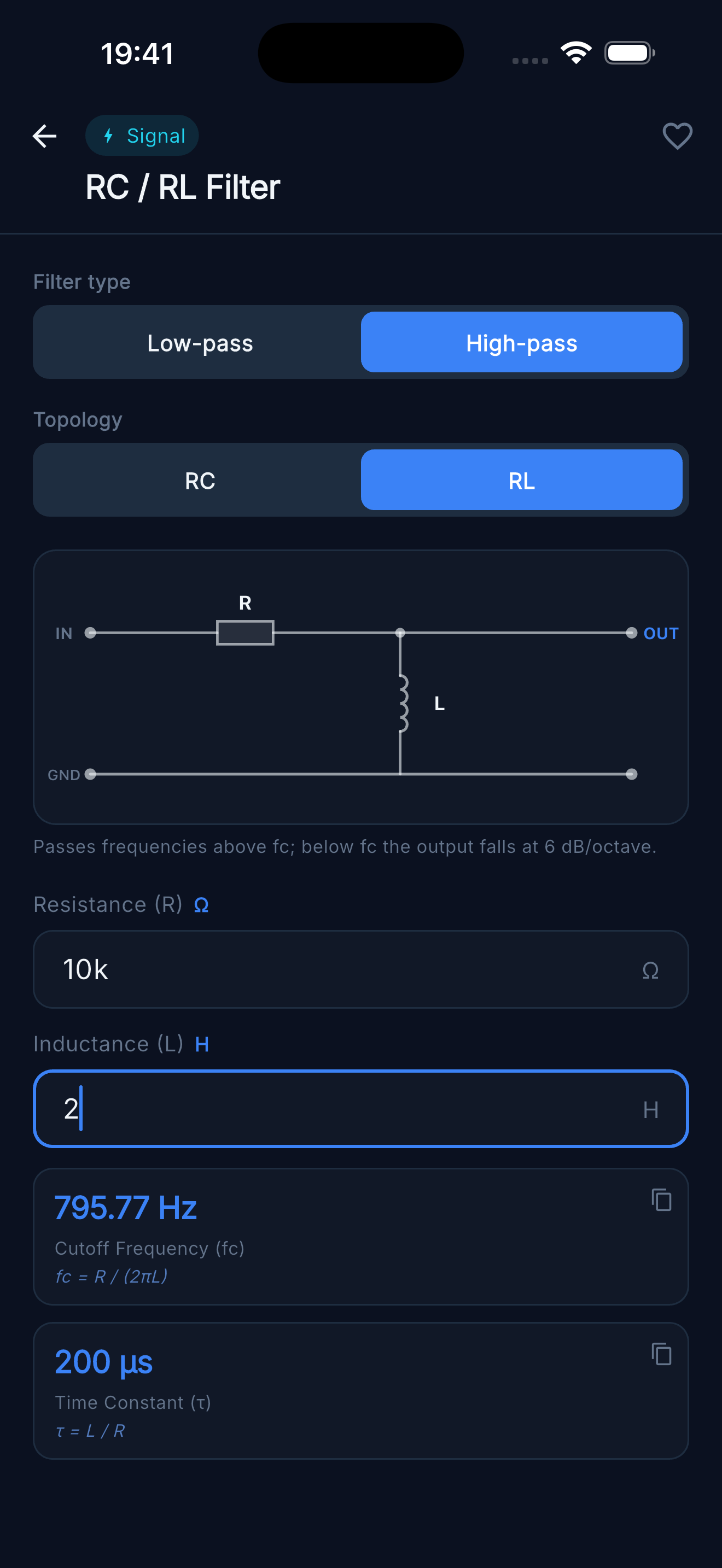 RC / RL Filter — RL high-pass cutoff frequency