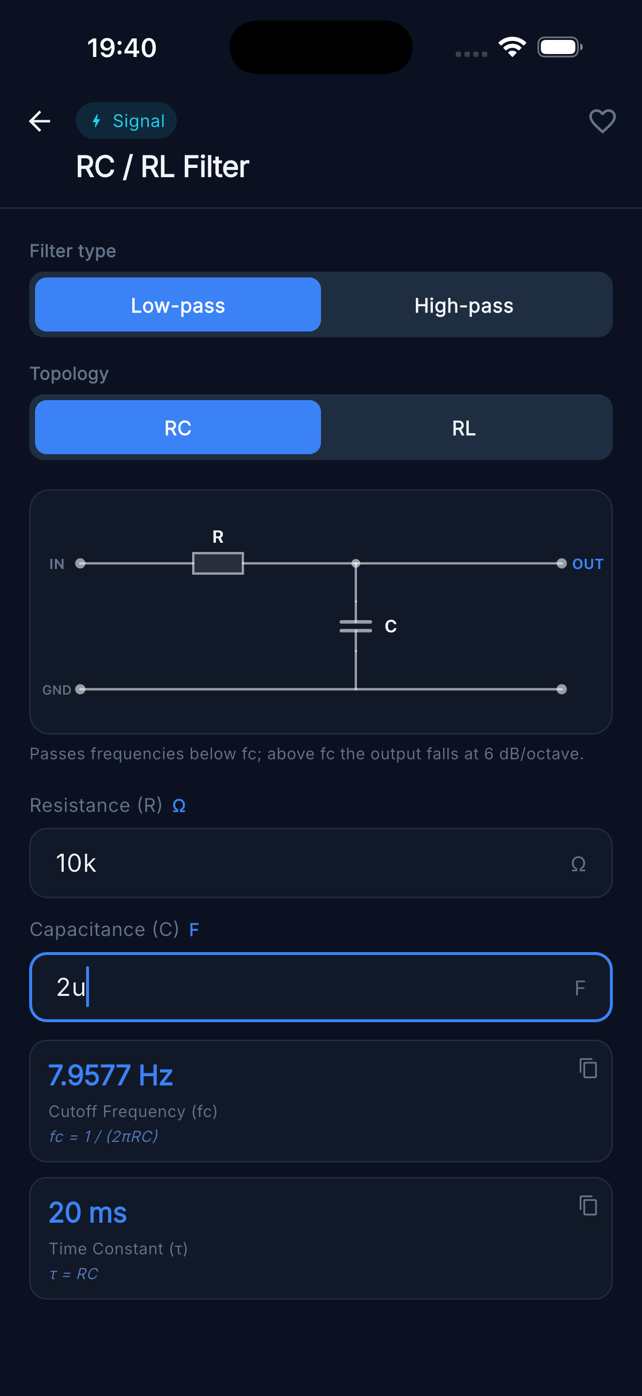 RC / RL Filter — RC low-pass cutoff frequency