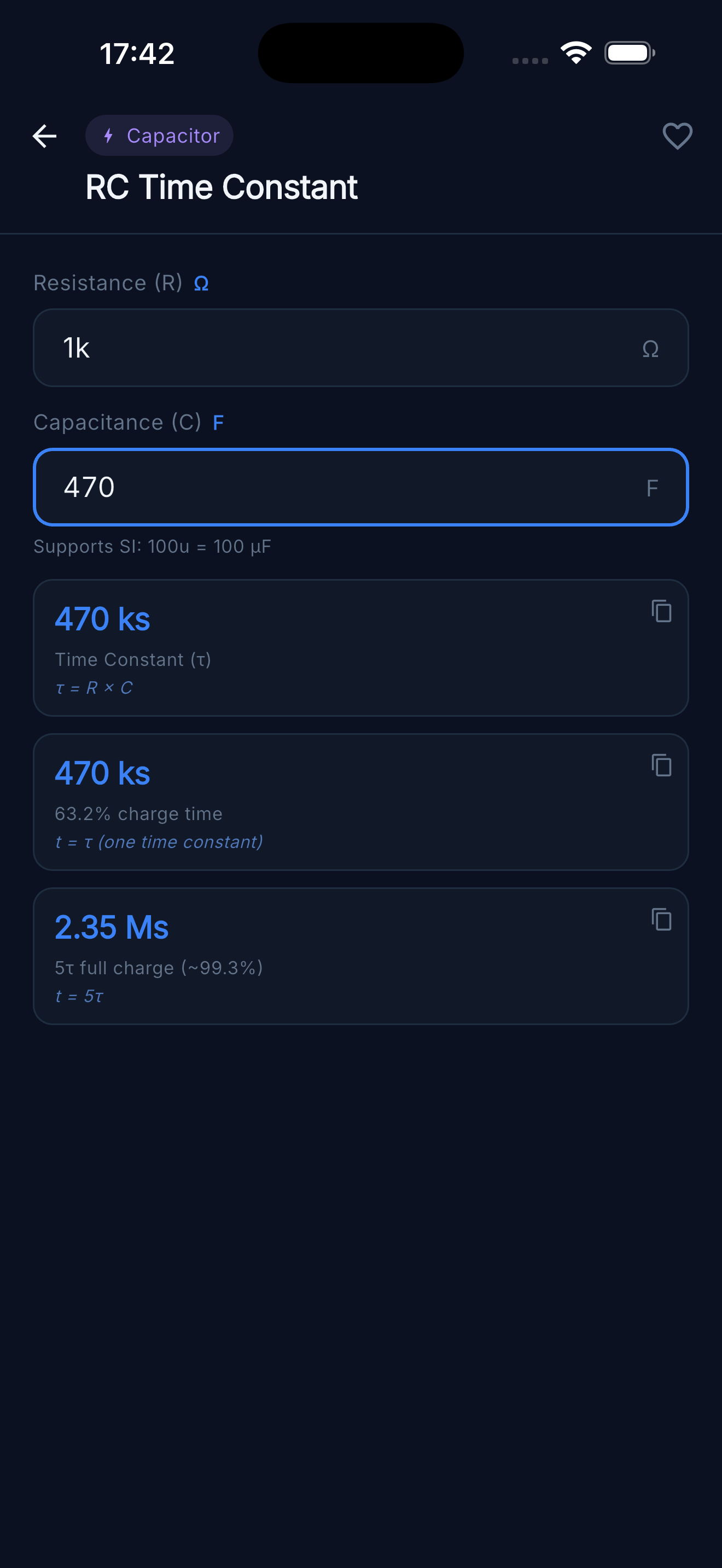 RC Time Constant — τ, 63.2% charge time and 5τ full-charge time