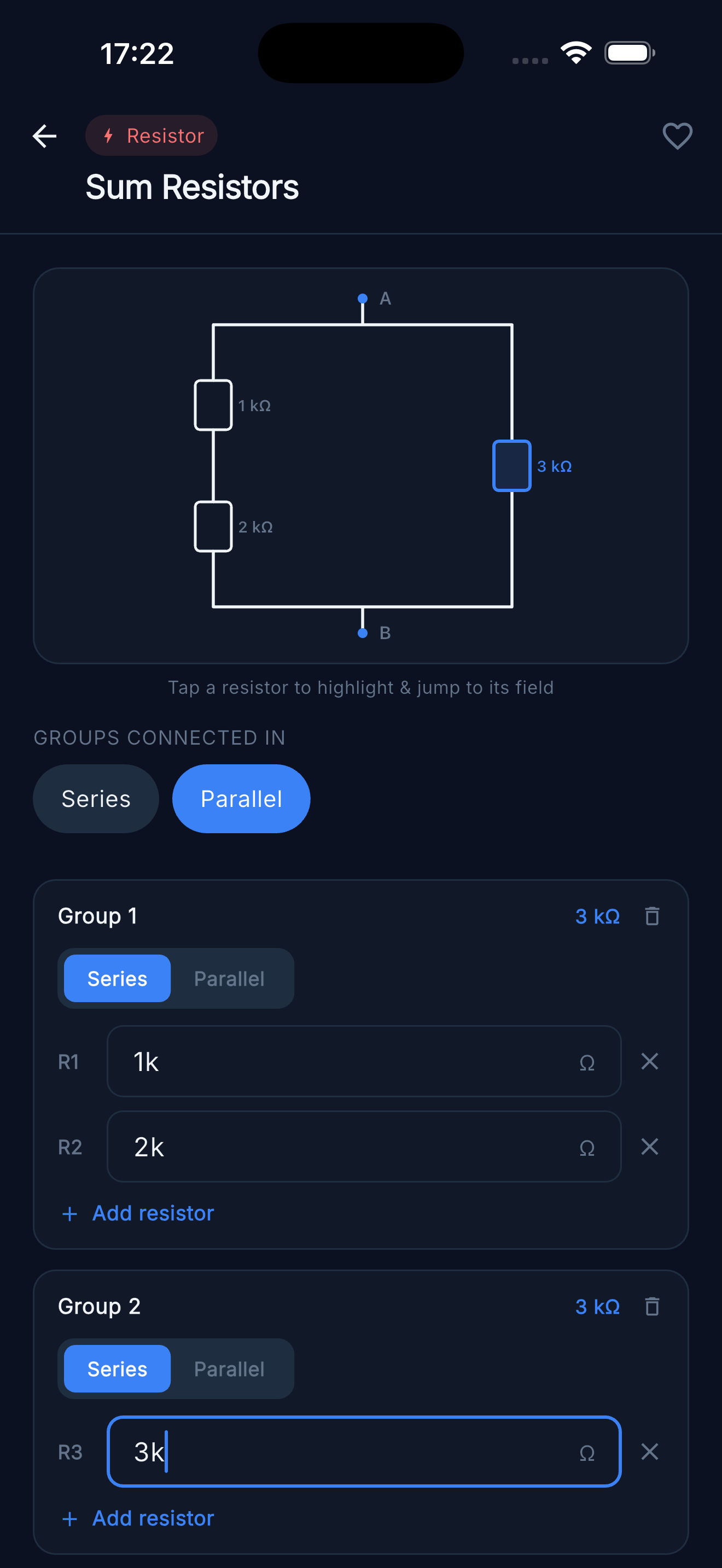 Sum Resistors — Three resistors across two series/parallel groups