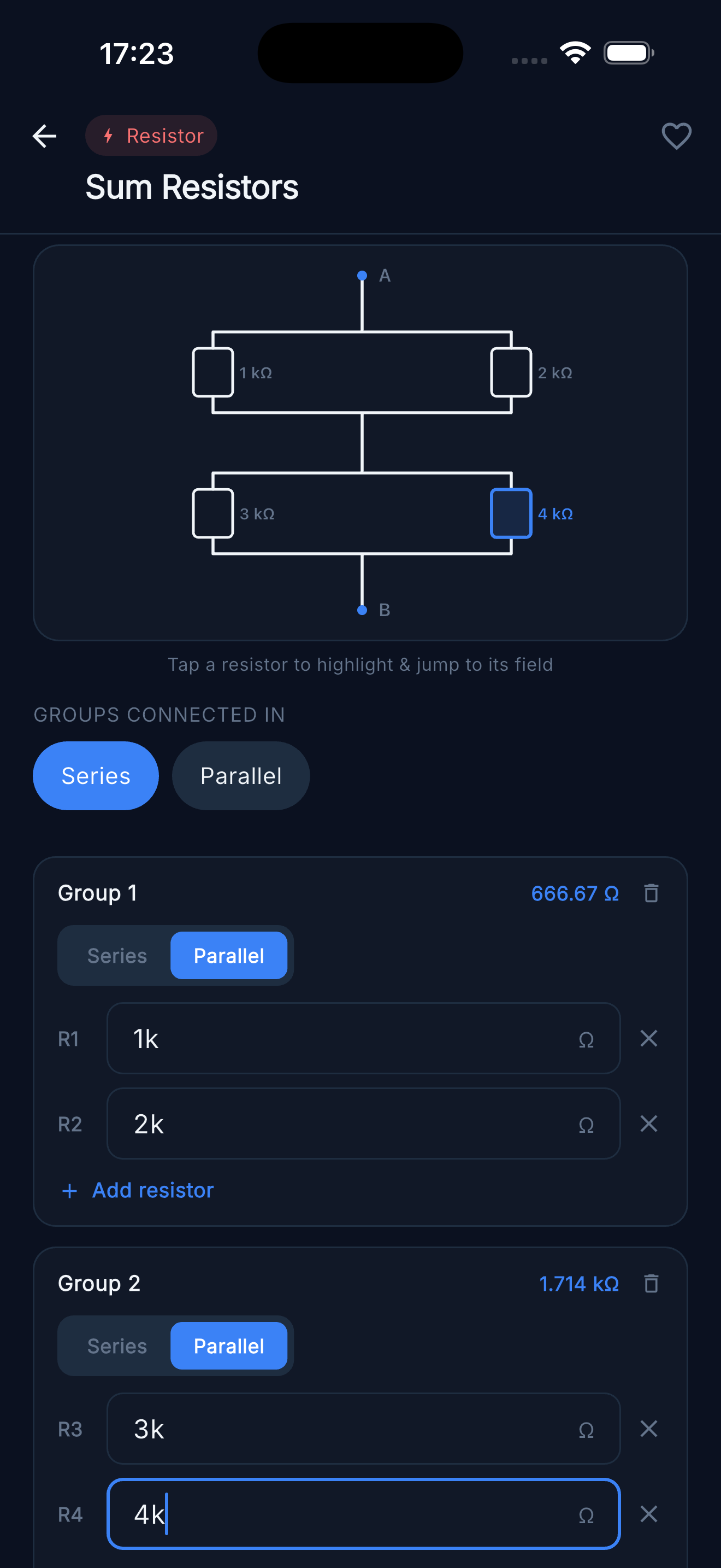 Sum Resistors — Four resistors across two series/parallel groups