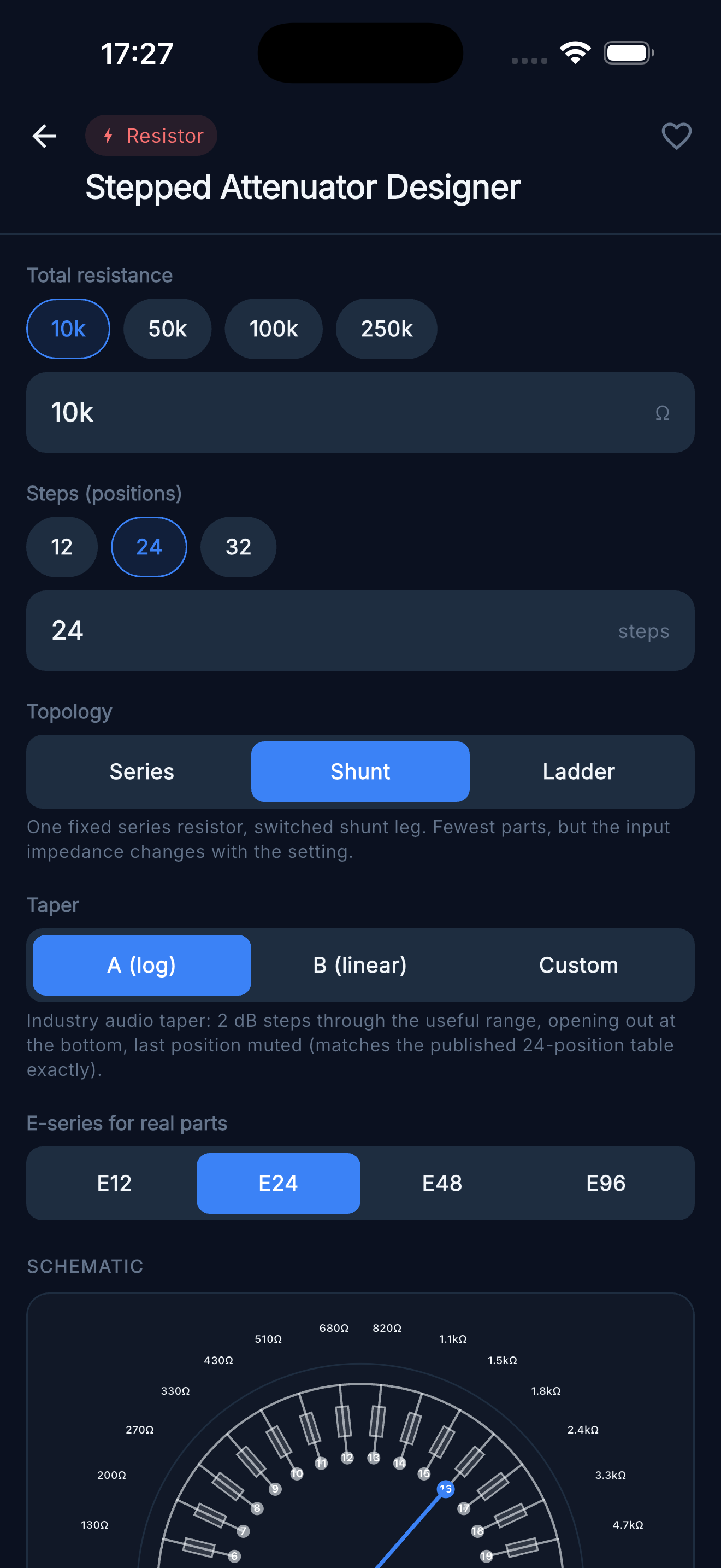 Stepped Attenuator Designer — Topology, taper and E-series settings