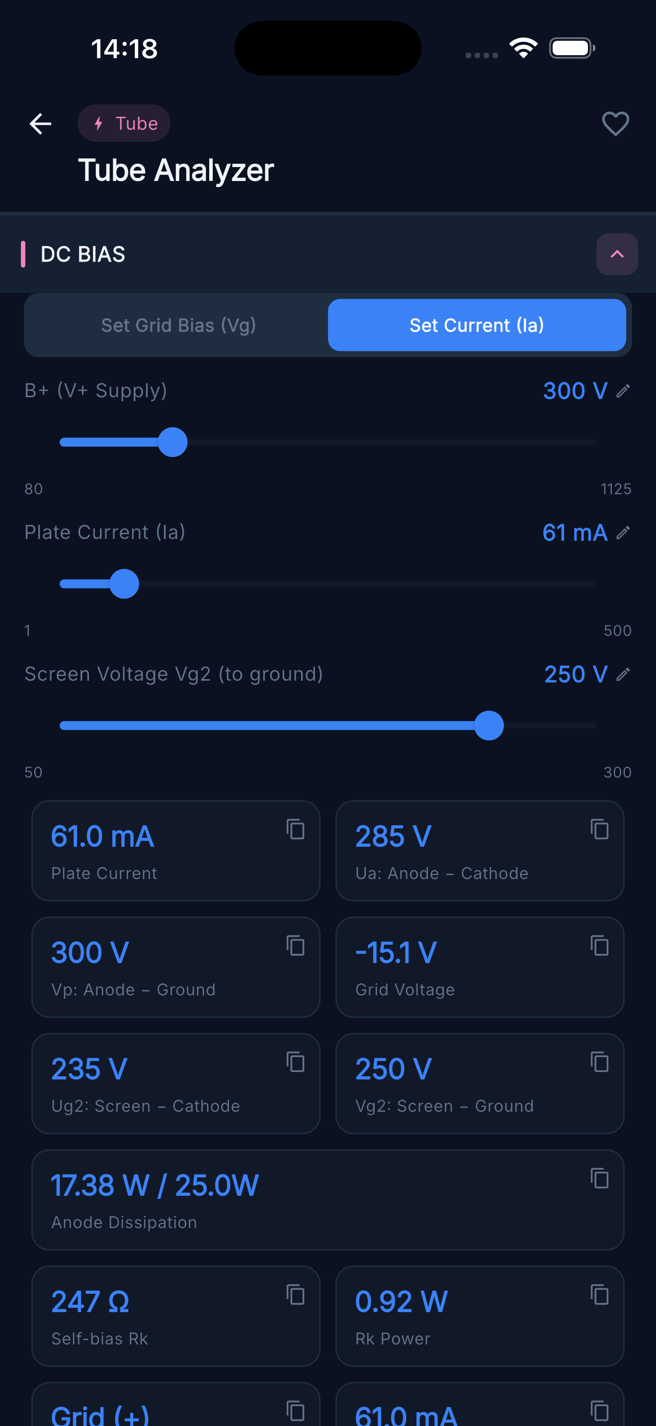 Tube Analyzer — AC Load tab showing gain and clipping