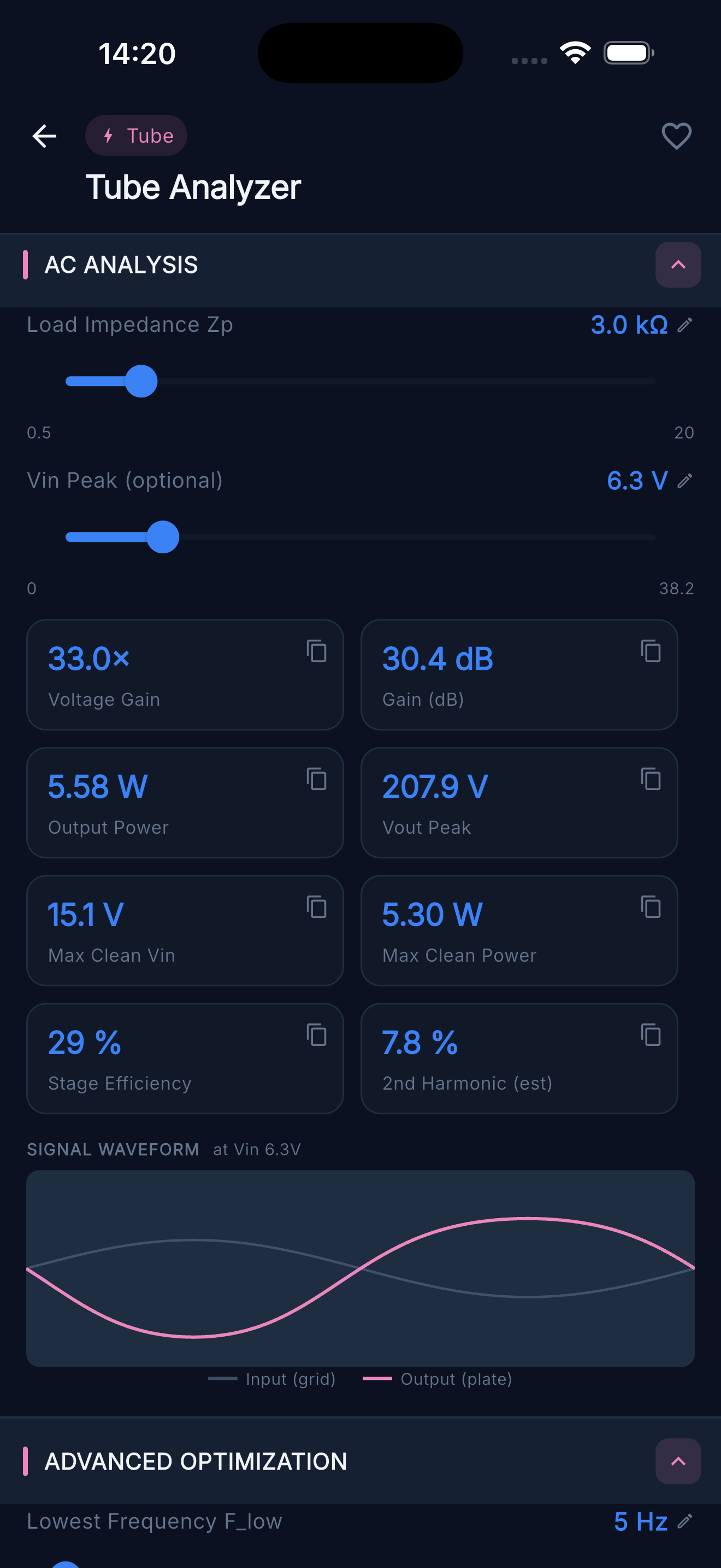 Tube Analyzer — Advanced tab with coupling and OPT details
