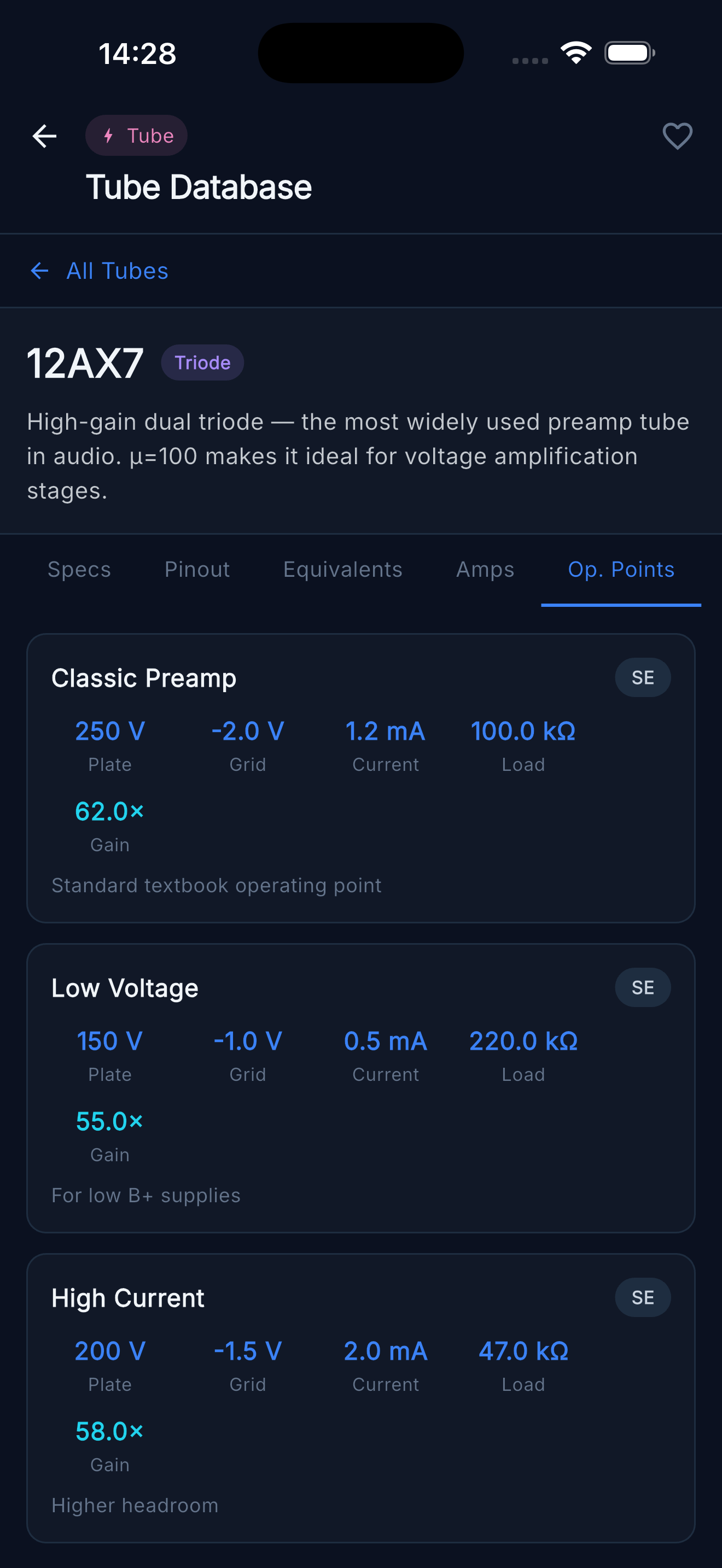 Tube Info — DC Bias Settings