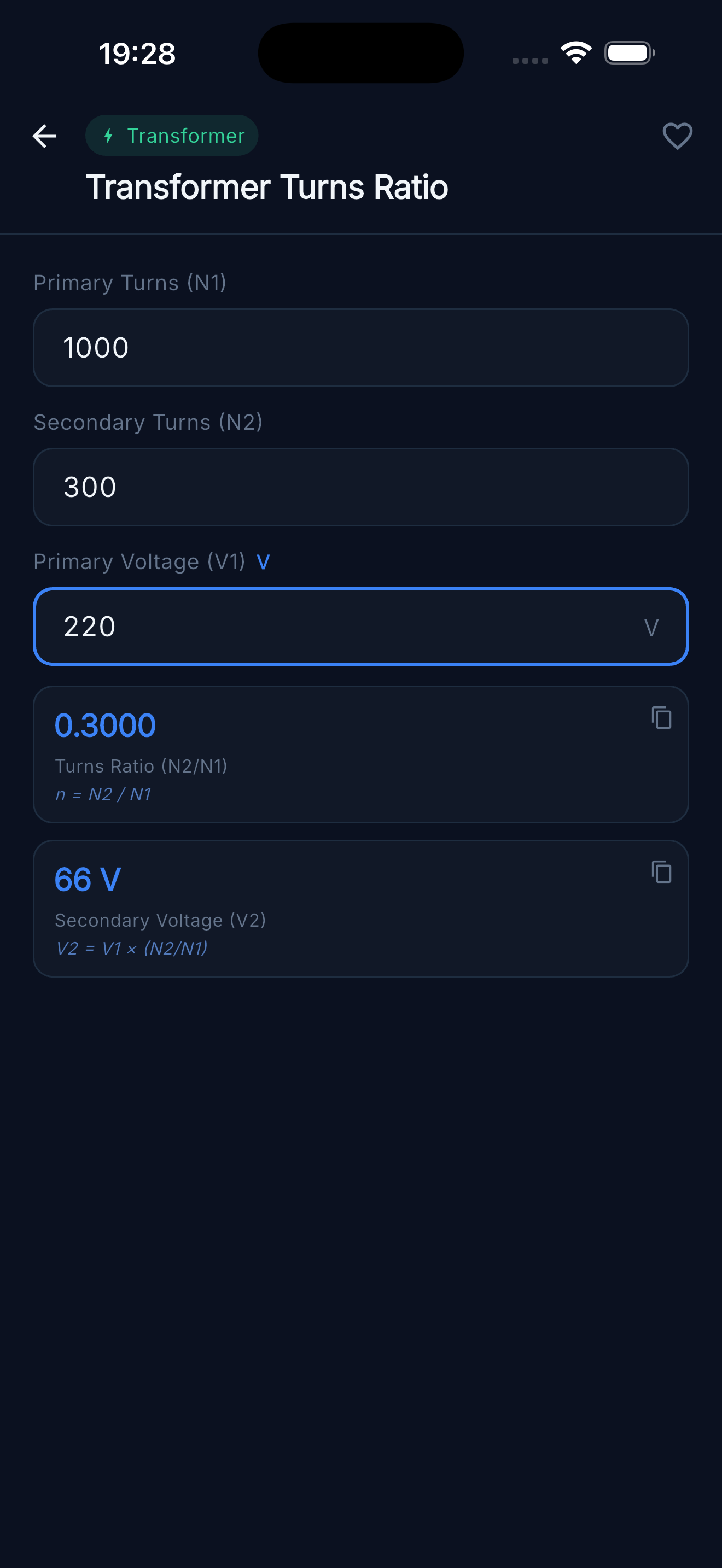 Transformer Turns Ratio — Secondary voltage from N1, N2 and V1