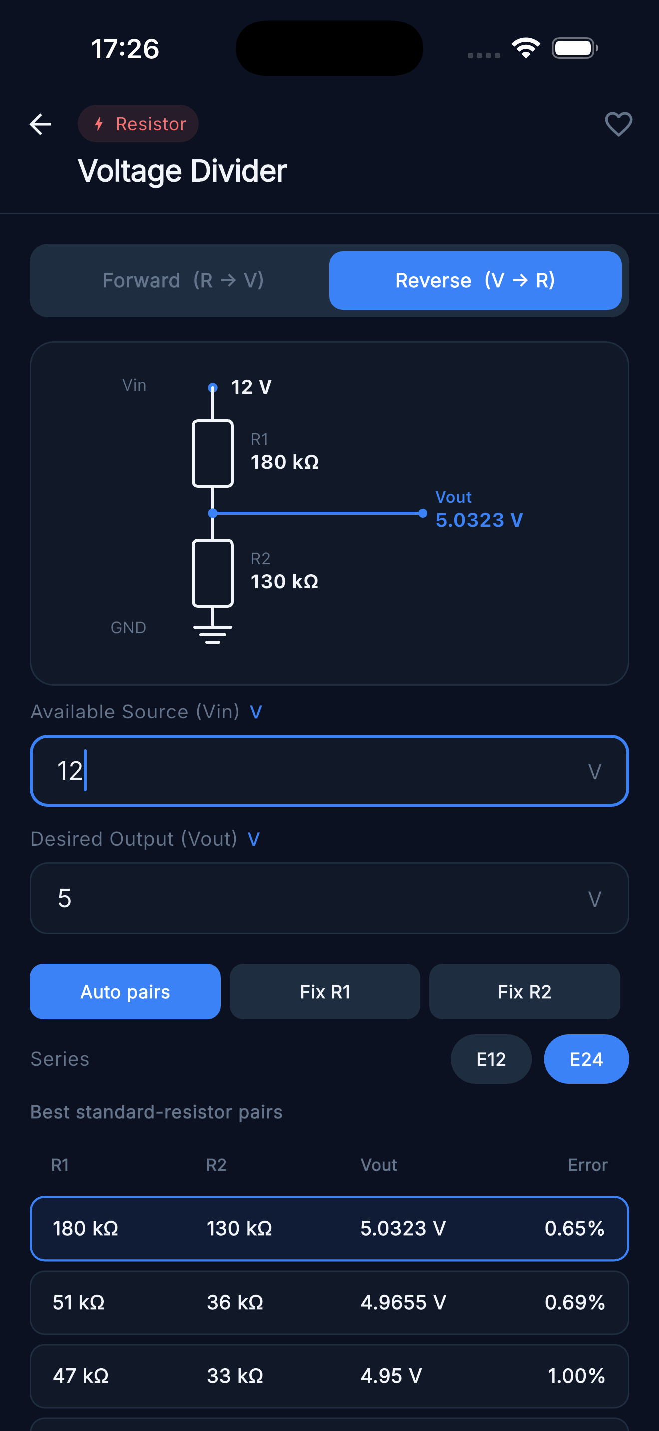 Voltage Divider — Reverse mode finding the nearest standard resistor pair