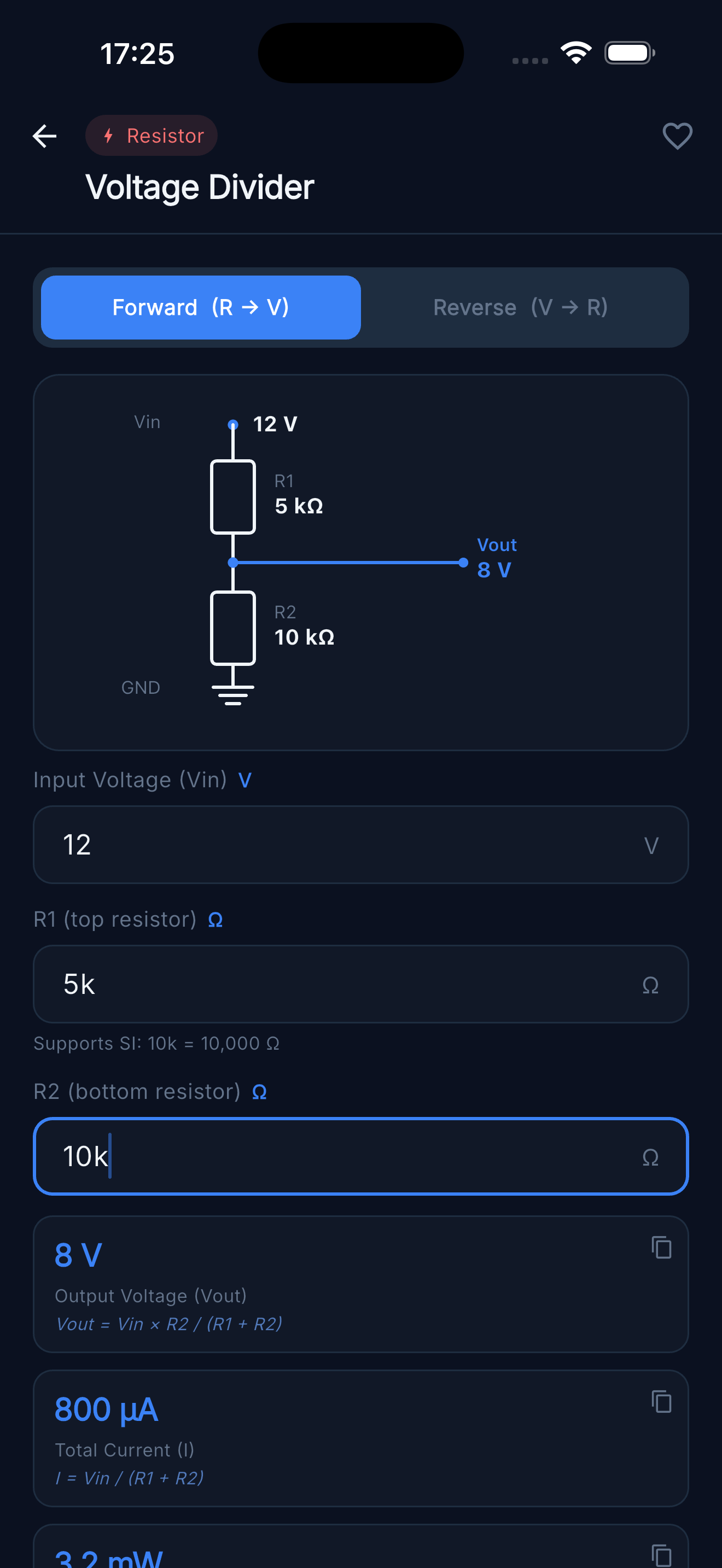 Voltage Divider — Forward mode showing Vout, current and dissipation