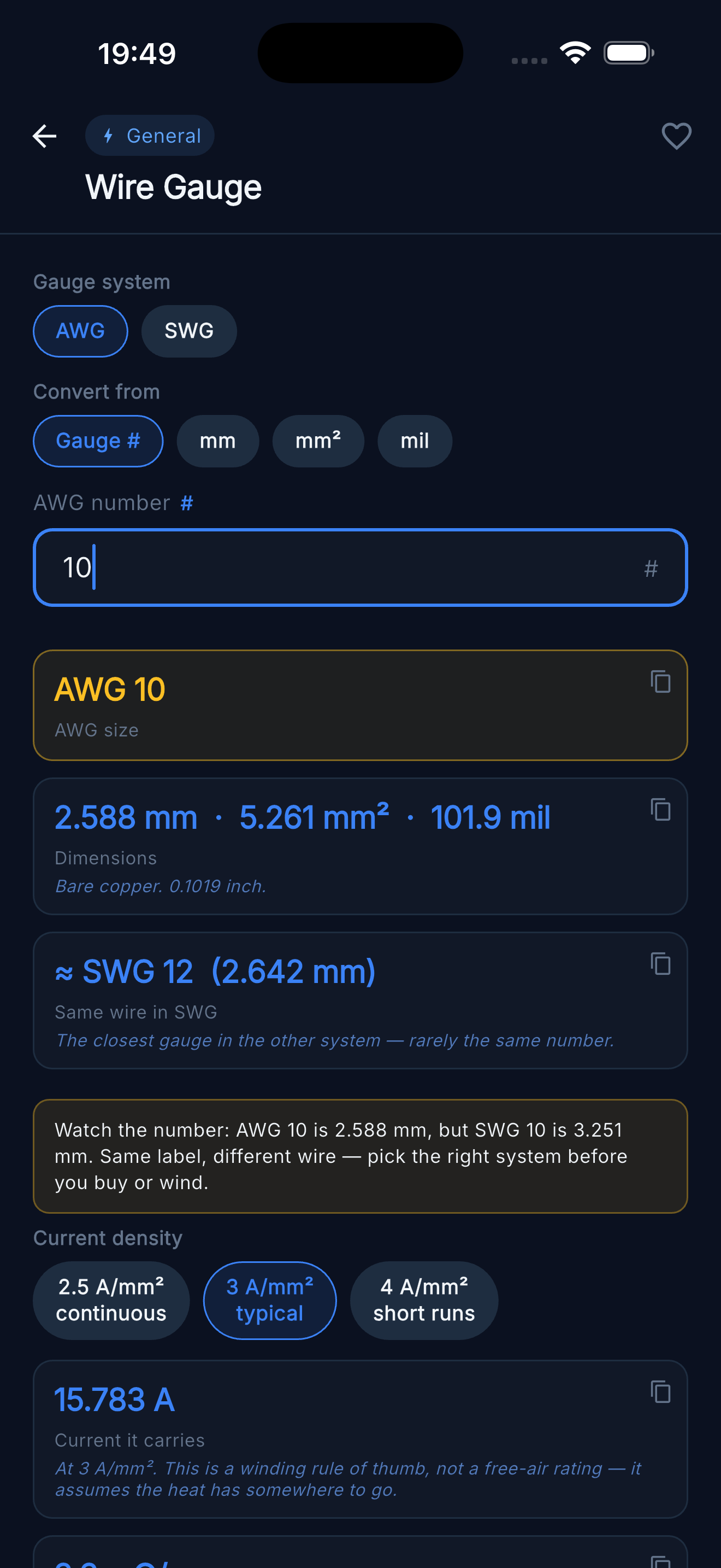 Wire Gauge Converter — Dimensions and current capacity from a gauge number