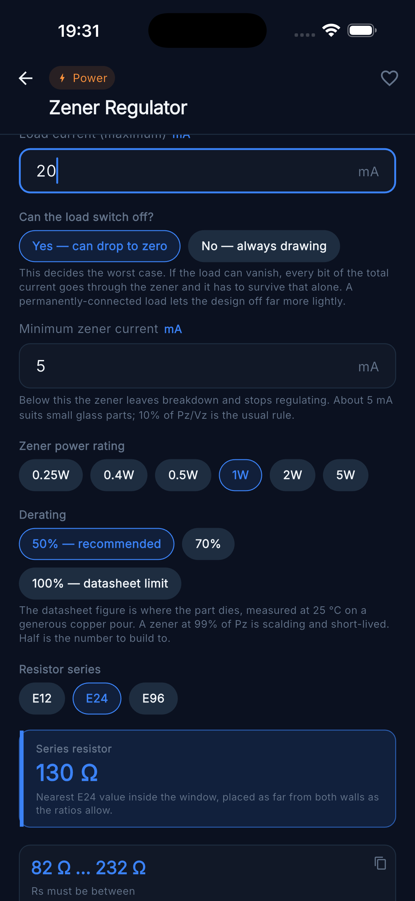 Zener Regulator — Series resistor power rating and derating