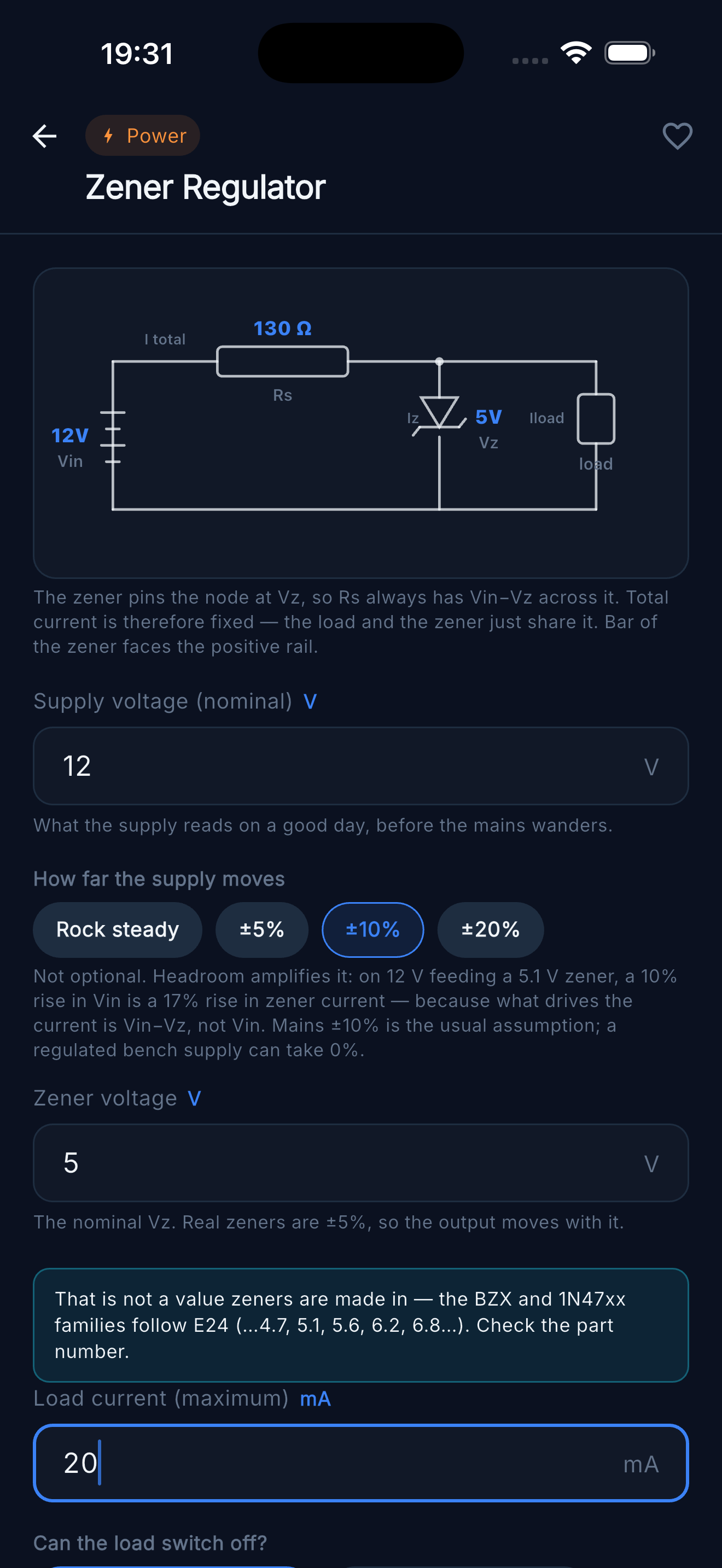 Zener Regulator — Circuit diagram and supply voltage tolerance